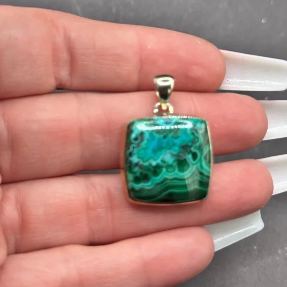 Chrysocolla & Malachite Gemstone 925 Sliver Pendant Calming Blues Square - Picture 4 of 5